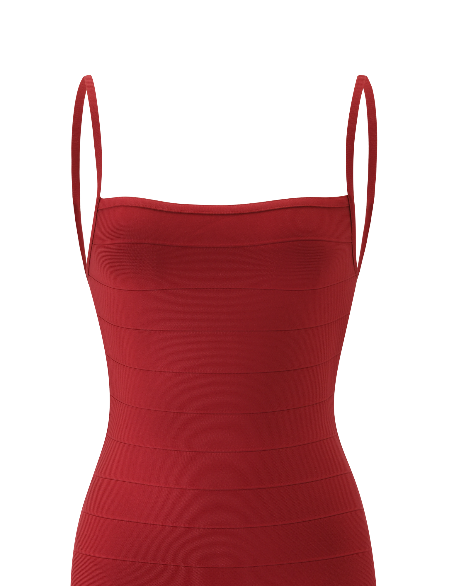The TIGERMIST MIDORI MIDI BANDAGE DRESS - CHERRY is a fitted, sleeveless cherry red midi dress with spaghetti straps and a cinching bandage design, shown on a white background.