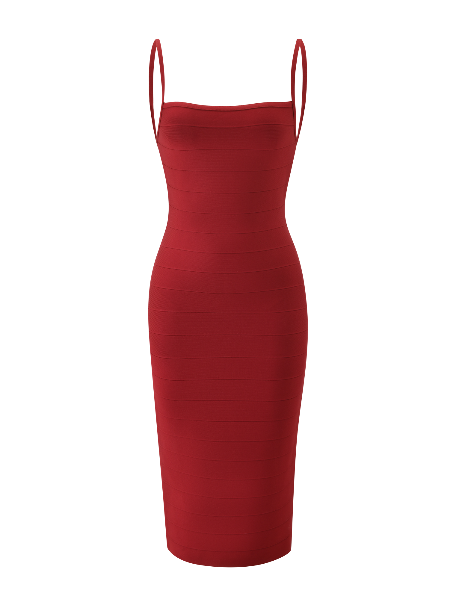 The MIDORI MIDI BANDAGE DRESS - CHERRY by TIGERMIST is a sleeveless, fitted cherry red midi dress with spaghetti straps and a straight neckline, detailed with horizontal banding for a waist-cinching effect. Displayed on a white background.