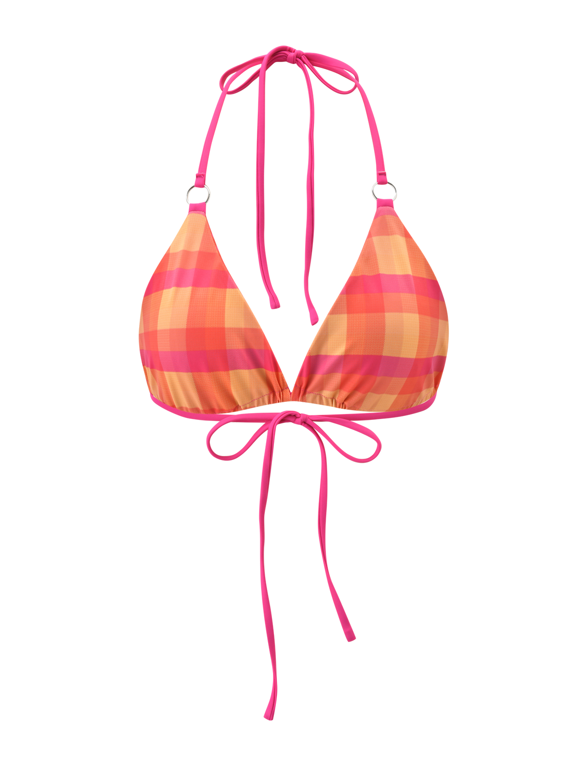 The TIGERMIST AYANNA REVERSIBLE BIKINI TOP - GINGHAM AND RESORT PLAID features a vibrant pink, orange, and yellow plaid print with pink straps. This halter neck top ties at the back and front for a customizable fit.