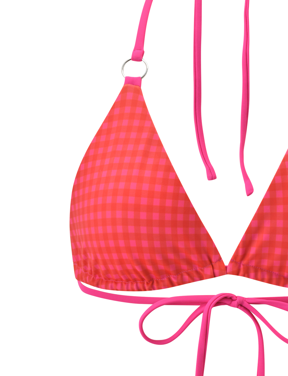 Close-up of the TIGERMIST AYANNA REVERSIBLE BIKINI TOP in gingham and resort plaid print, with halter neck and back ties and a silver ring detail on one strap, shown against a plain white background.