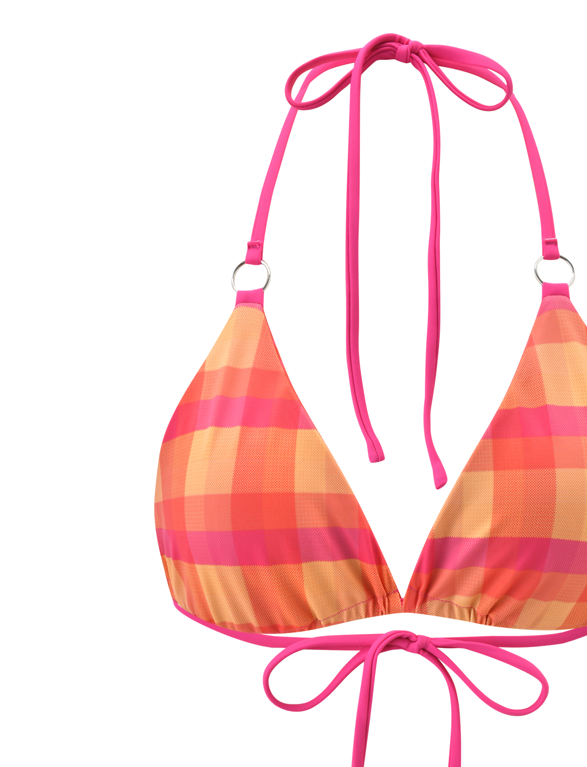 A close-up of the TIGERMIST AYANNA REVERSIBLE BIKINI TOP - GINGHAM AND RESORT PLAID shows its orange, pink, and yellow plaid print with solid bright pink straps, displayed on a white background.