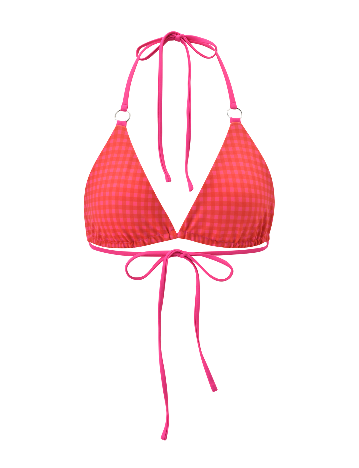 The AYANNA REVERSIBLE BIKINI TOP - GINGHAM AND RESORT PLAID by TIGERMIST features halter neck and back tie straps in a pink and red plaid print, shown on a white background.