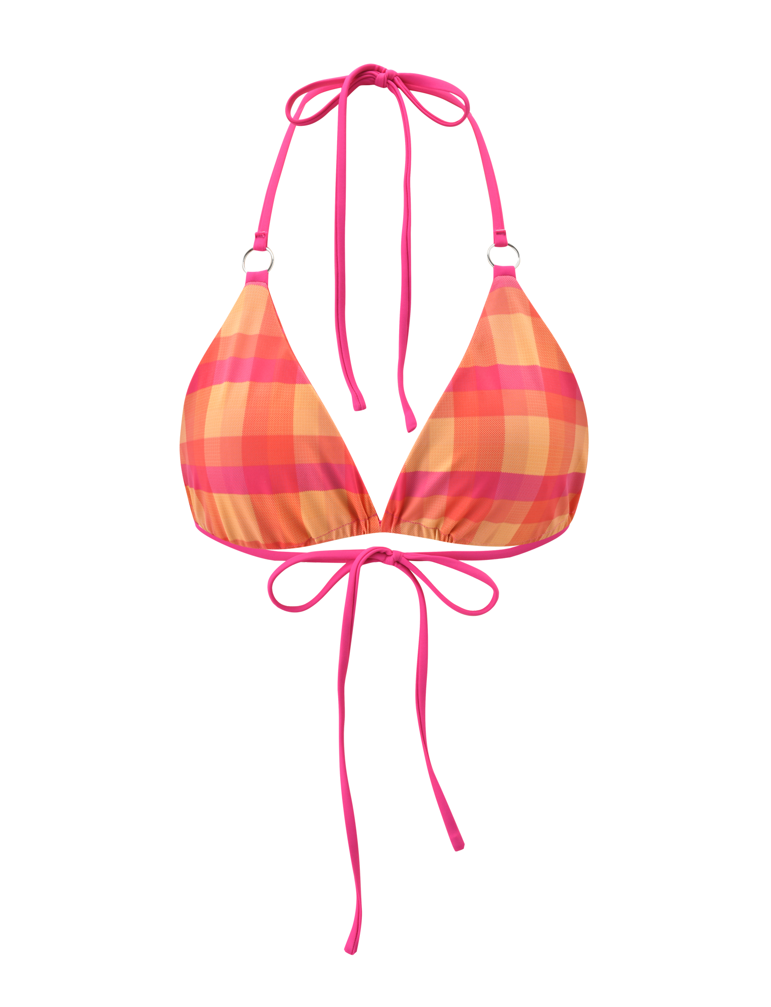 The AYANNA REVERSIBLE BIKINI TOP - GINGHAM AND RESORT PLAID by TIGERMIST is a triangle bikini in pink, orange, and yellow plaid with pink neck and back ties, shown on a white background.