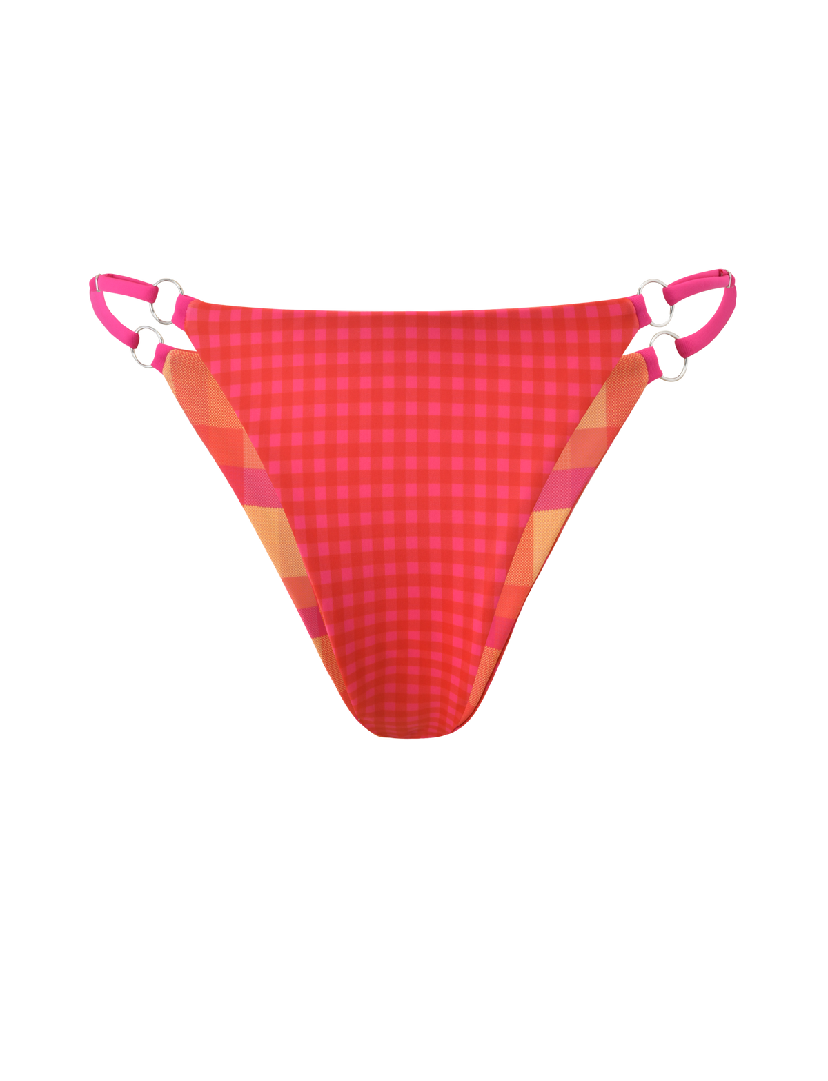 The AYANNA Reversible Bikini Bottom by TIGERMIST features a pink and orange resort plaid with cheeky coverage, pink side straps, and white ring details, shown on a plain white background.