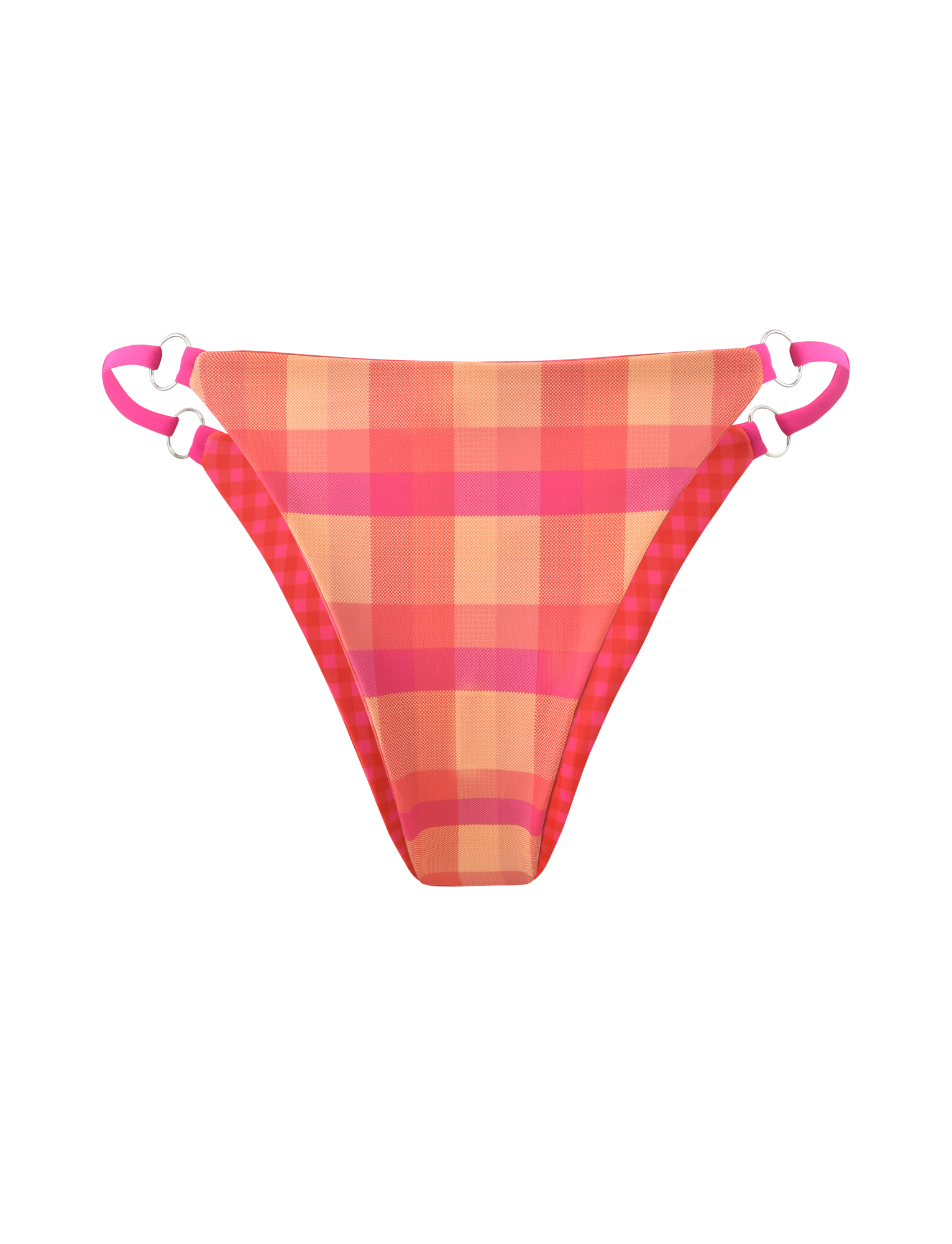 The AYANNA REVERSIBLE BIKINI BOTTOM by TIGERMIST features cheeky coverage in resort plaid with pink side straps and white ring accents, displayed on a white background.