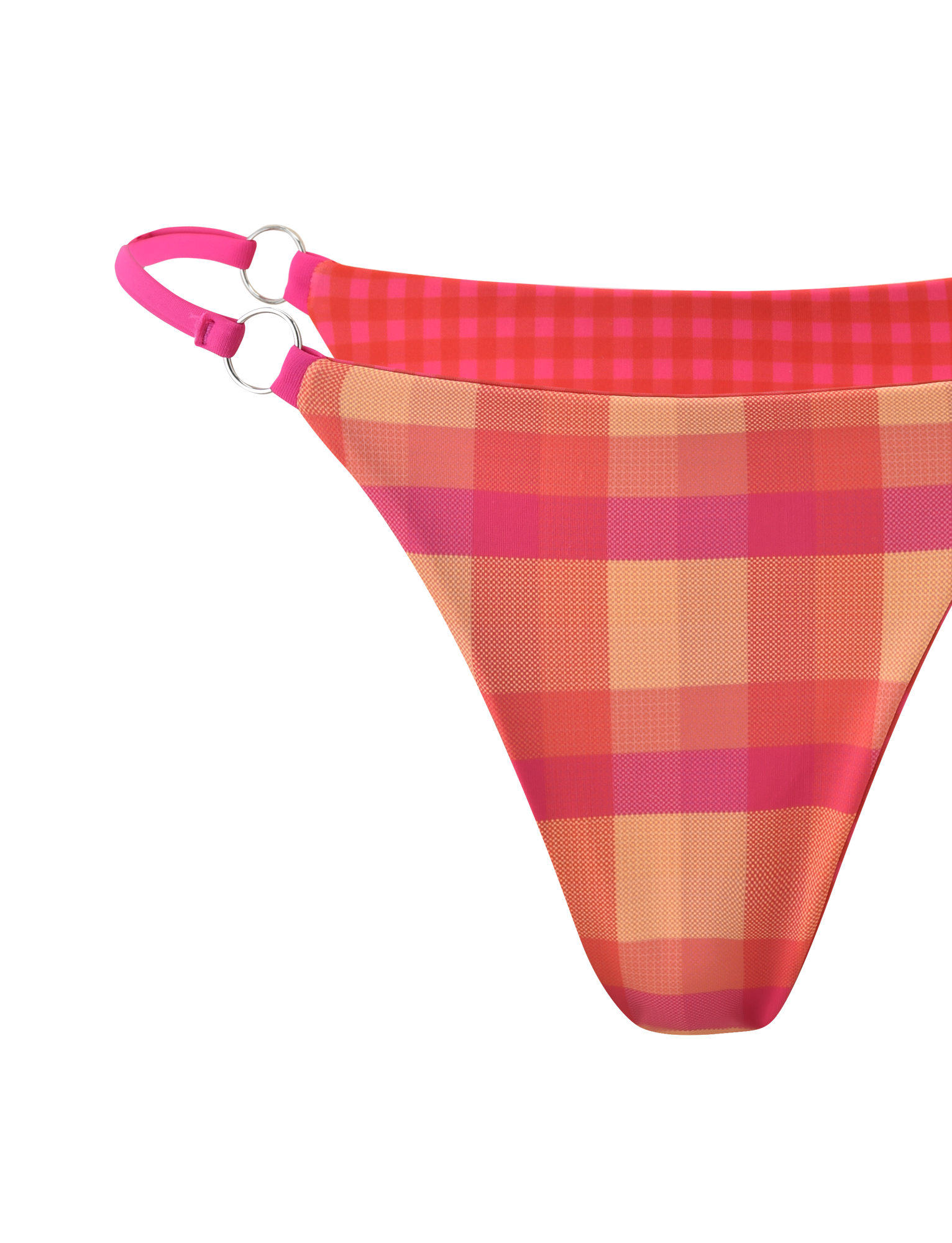 Close-up of the TIGERMIST AYANNA REVERSIBLE BIKINI BOTTOM in gingham and resort plaid, featuring pink and orange checks, shiny metal rings, bright pink straps, and cheeky coverage on a plain white background.