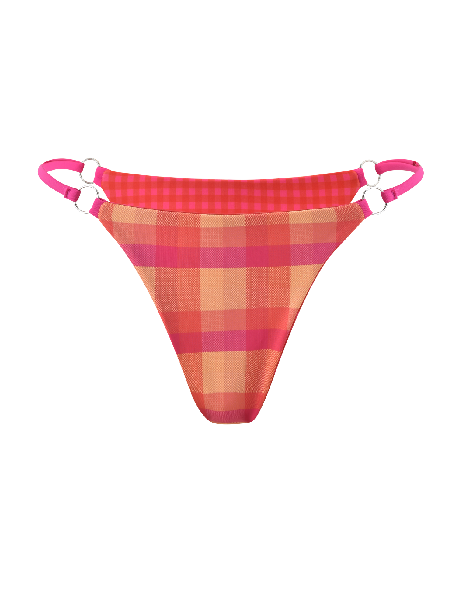 The TIGERMIST AYANNA REVERSIBLE BIKINI BOTTOM in GINGHAM AND RESORT PLAID has pink and orange plaid, double pink side straps with silver rings, cheeky coverage, and is shown on a plain white background.