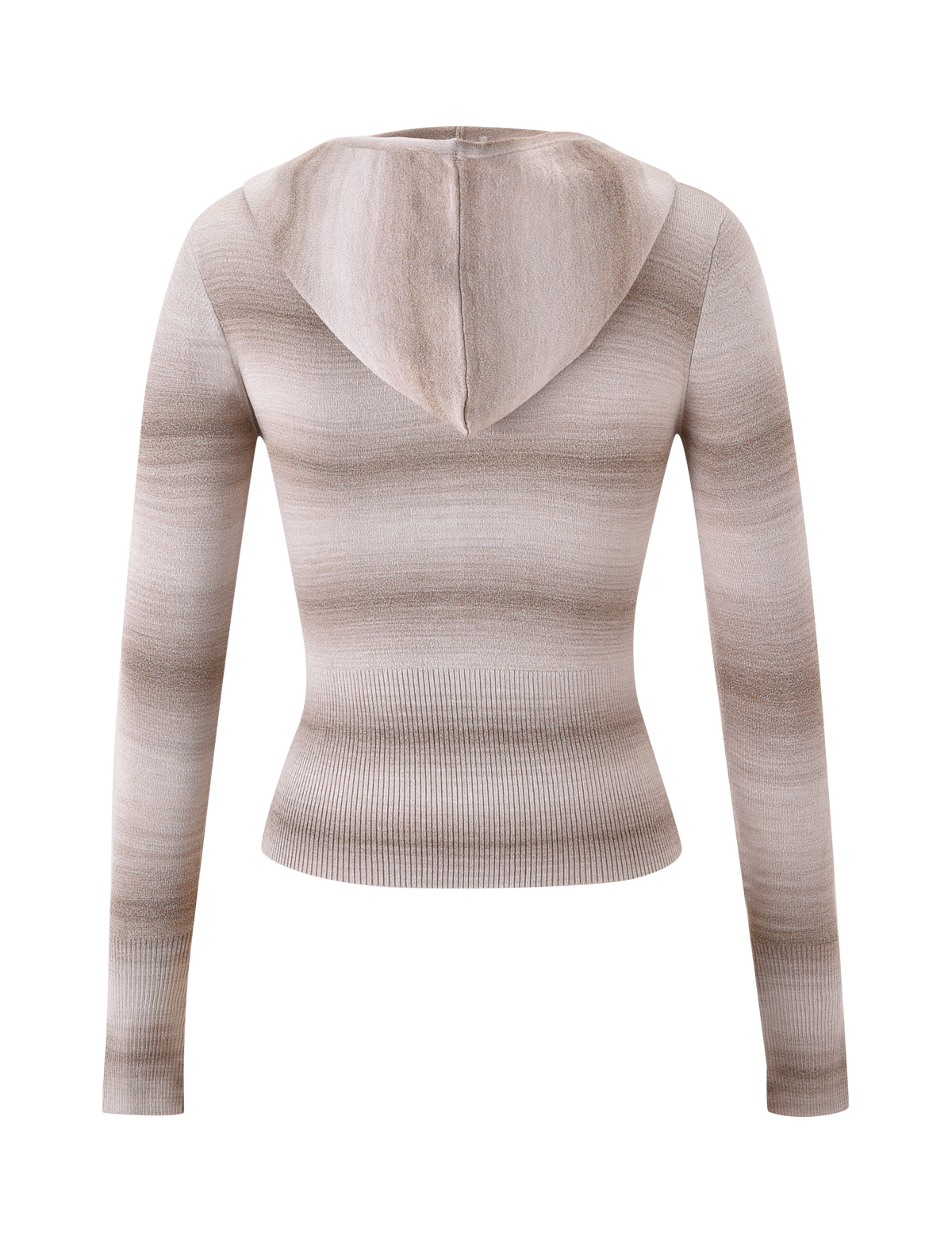 Back view of the MARISSA JUMPER - TAUPE OMBRE STRIPE by TIGERMIST, a fitted, long-sleeve hooded knit featuring a beige and light brown ombre stripe pattern, displayed on a plain white background.
