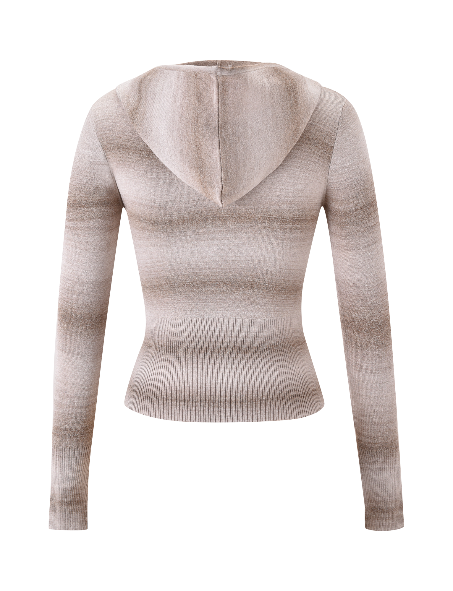Back view of the MARISSA JUMPER - TAUPE OMBRE STRIPE by TIGERMIST, a fitted, long-sleeve hooded knit featuring a beige and light brown ombre stripe pattern, displayed on a plain white background.