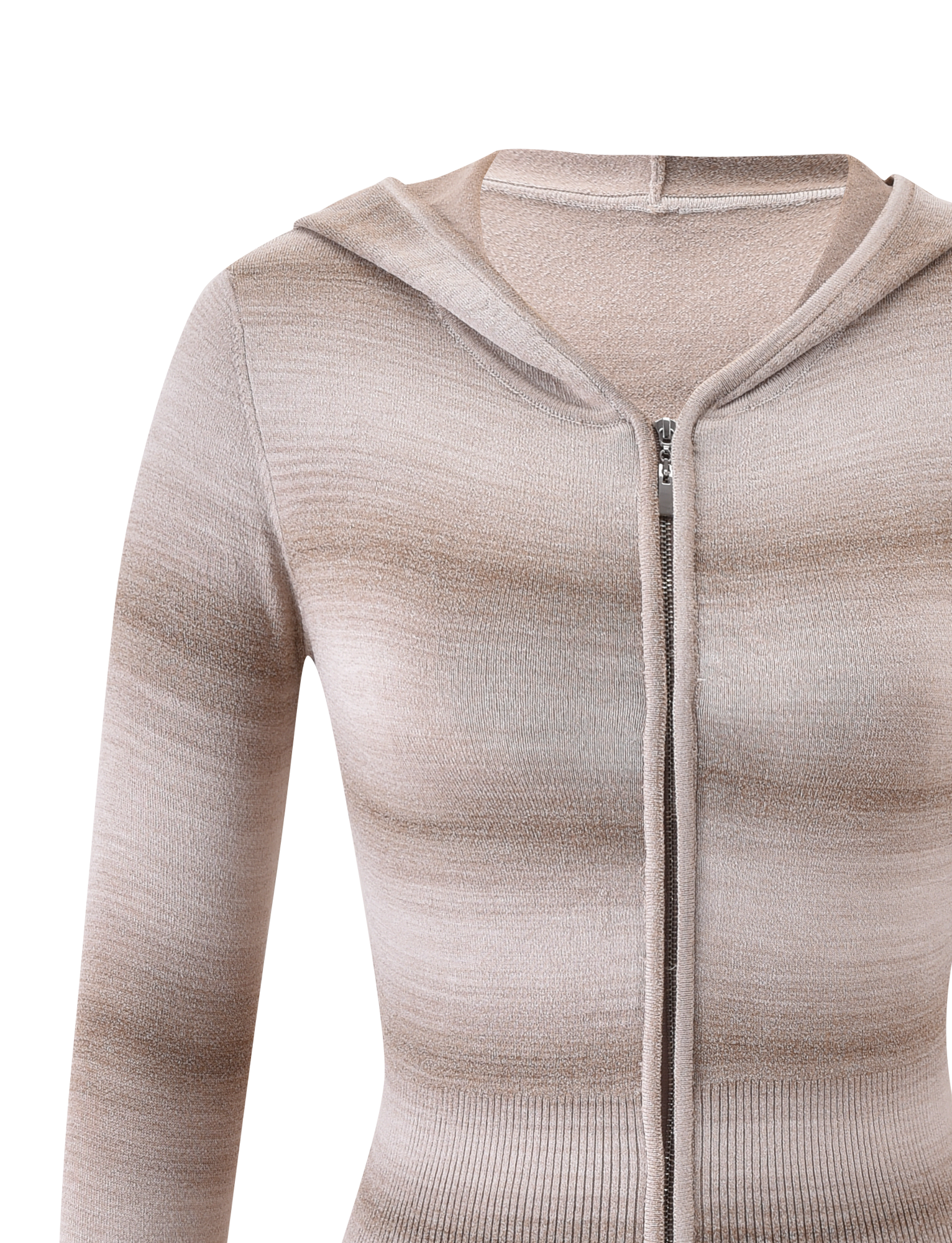 The TIGERMIST MARISSA JUMPER in Taupe Ombre Stripe features a zip-up hood and long sleeves, shown in close-up on a plain white background.