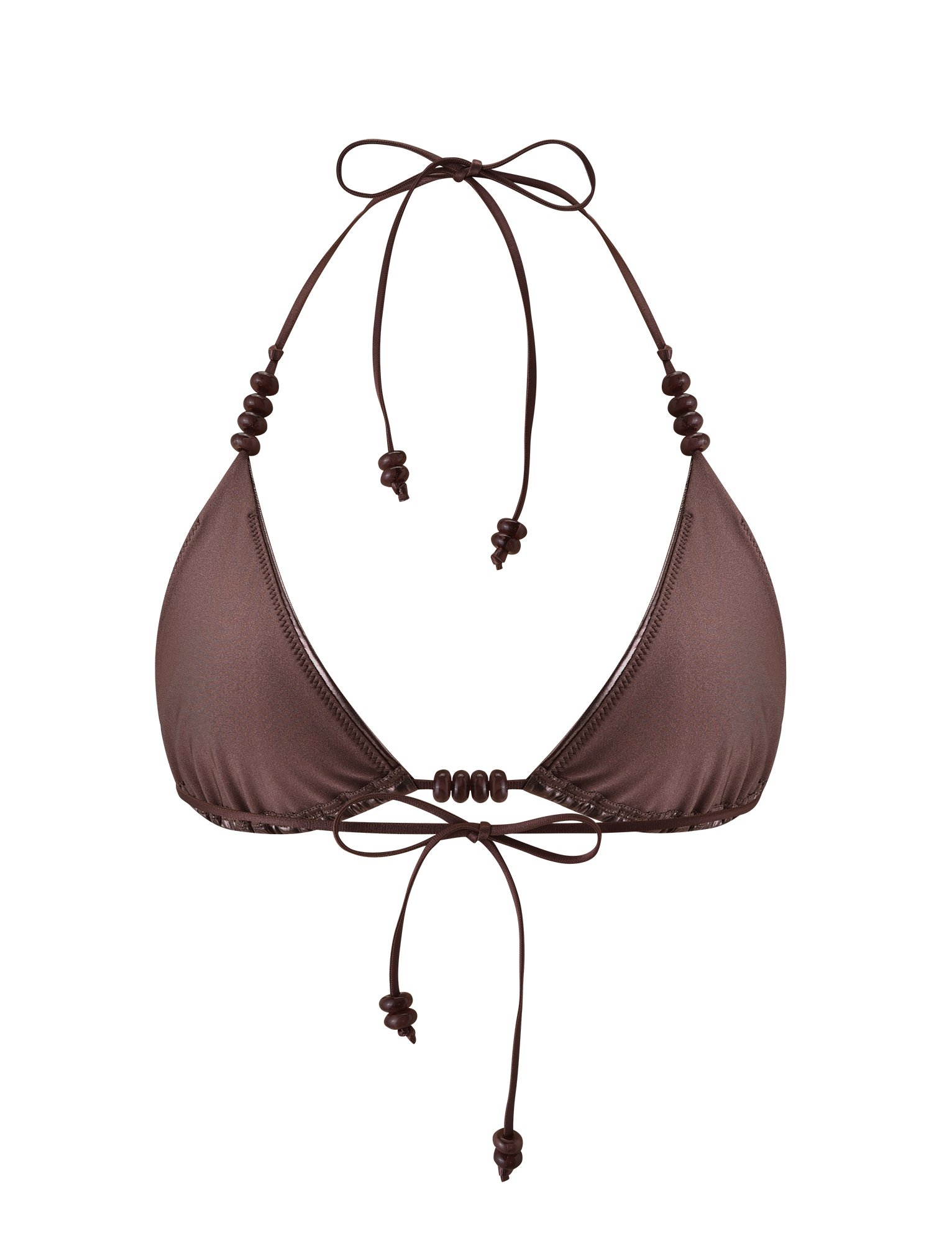 The FINLEA BIKINI TOP - BRONZE by TIGERMIST is a brown triangle bikini with a slight sheen, adjustable halter and back ties, and small round bead accents on the straps, shown against a plain white background.