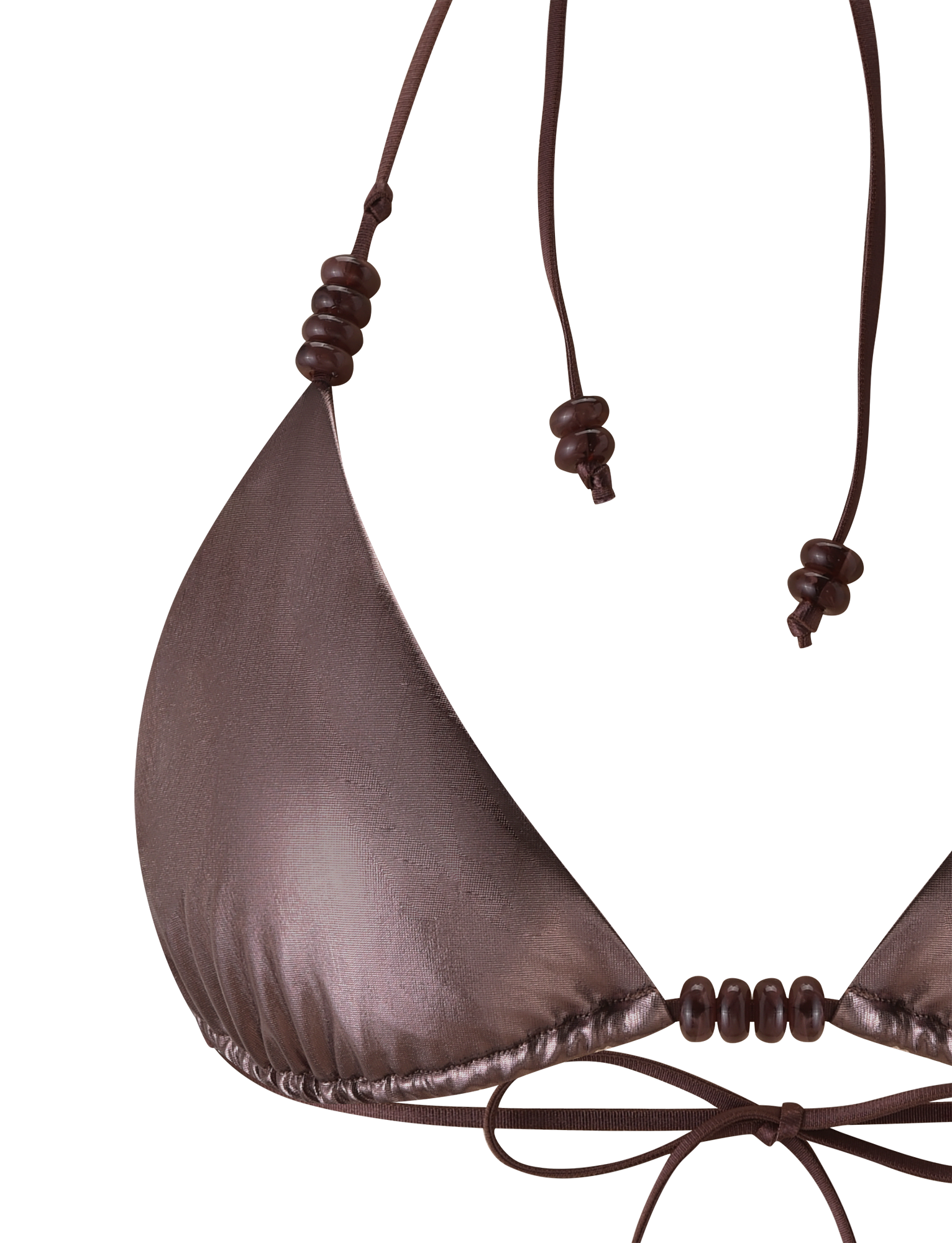 Close-up of the TIGERMIST FINLEA BIKINI TOP in bronze, featuring a halter neck, string ties, and chic round brown beads on the straps and center for a stylish beaded look.