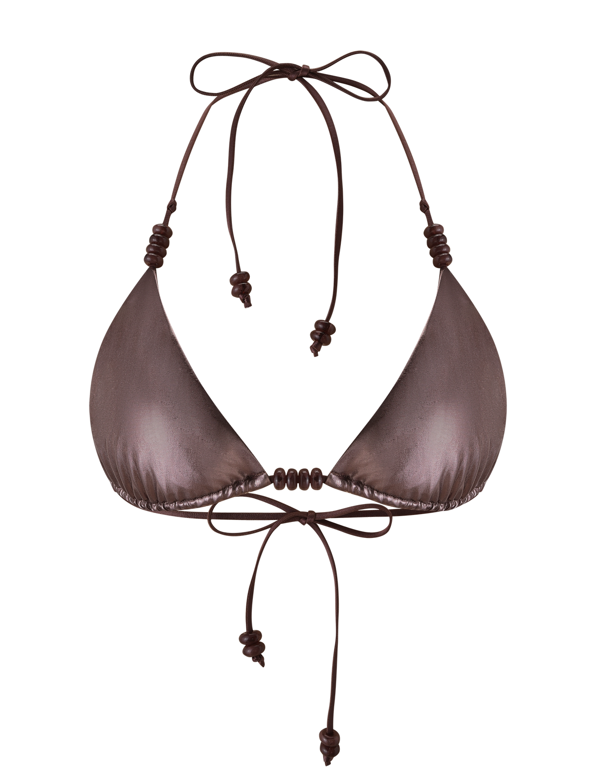 The FINLEA BIKINI TOP by TIGERMIST is a metallic bronze, classic triangle bikini with adjustable neck and back ties, finished with delicate knotted and beaded accents on the strings. Shown here against a white background.
