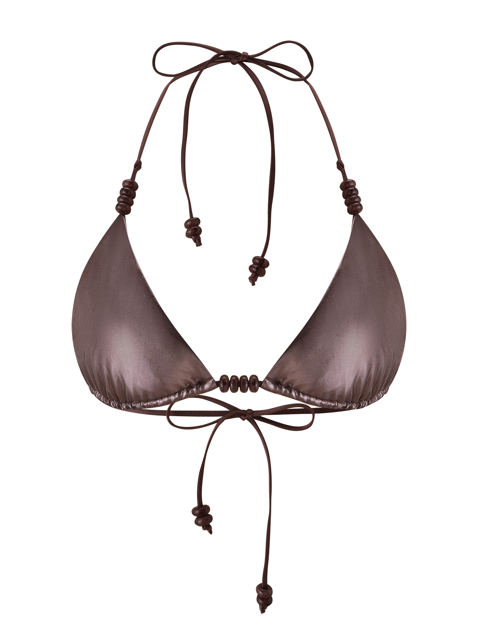 The FINLEA BIKINI TOP by TIGERMIST is a metallic bronze, classic triangle bikini with adjustable neck and back ties, finished with delicate knotted and beaded accents on the strings. Shown here against a white background.