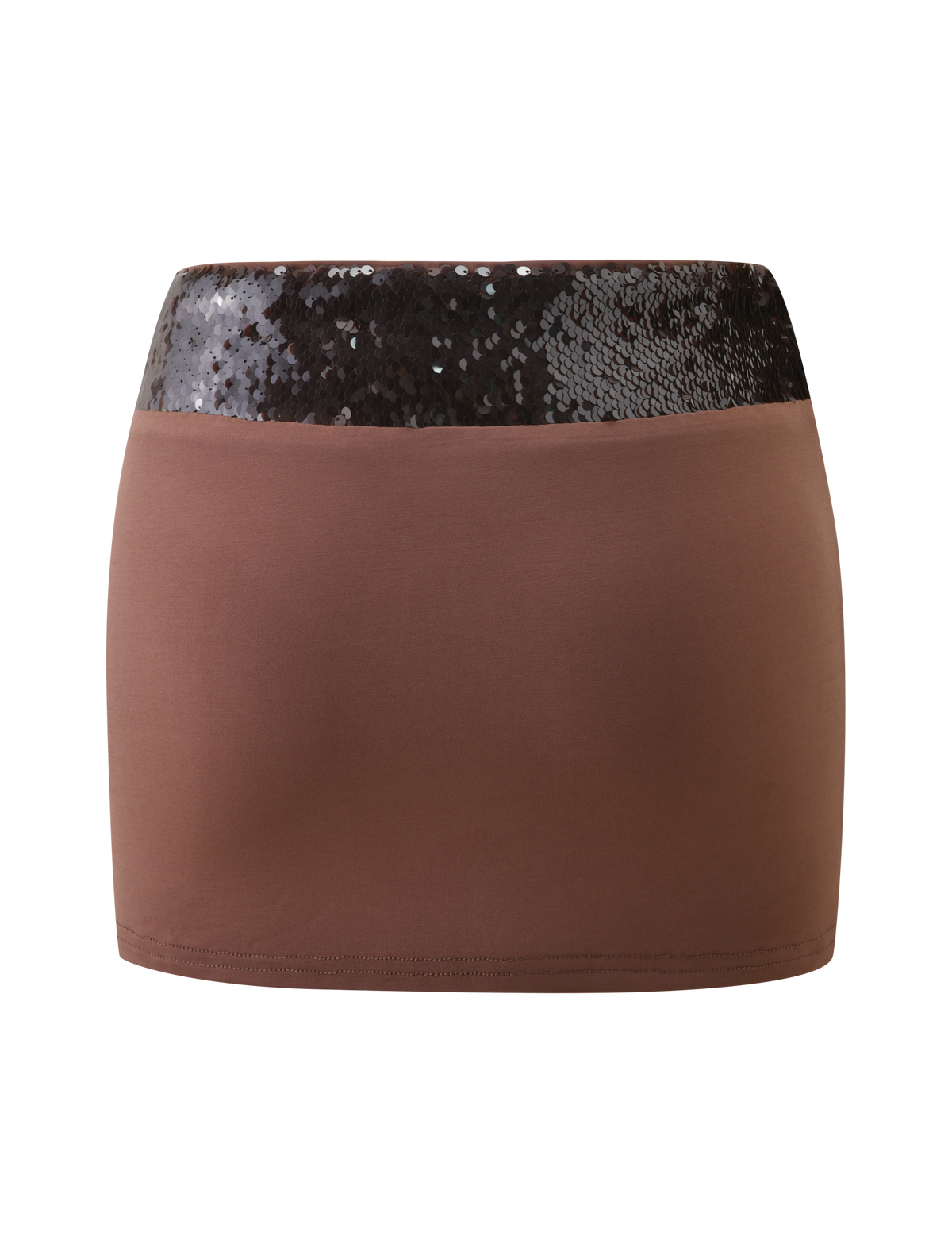 The TIGERMIST THARA MINI SKIRT - CHOCOLATE features a mini silhouette with a shiny black sequin waistband, shown against a white background.