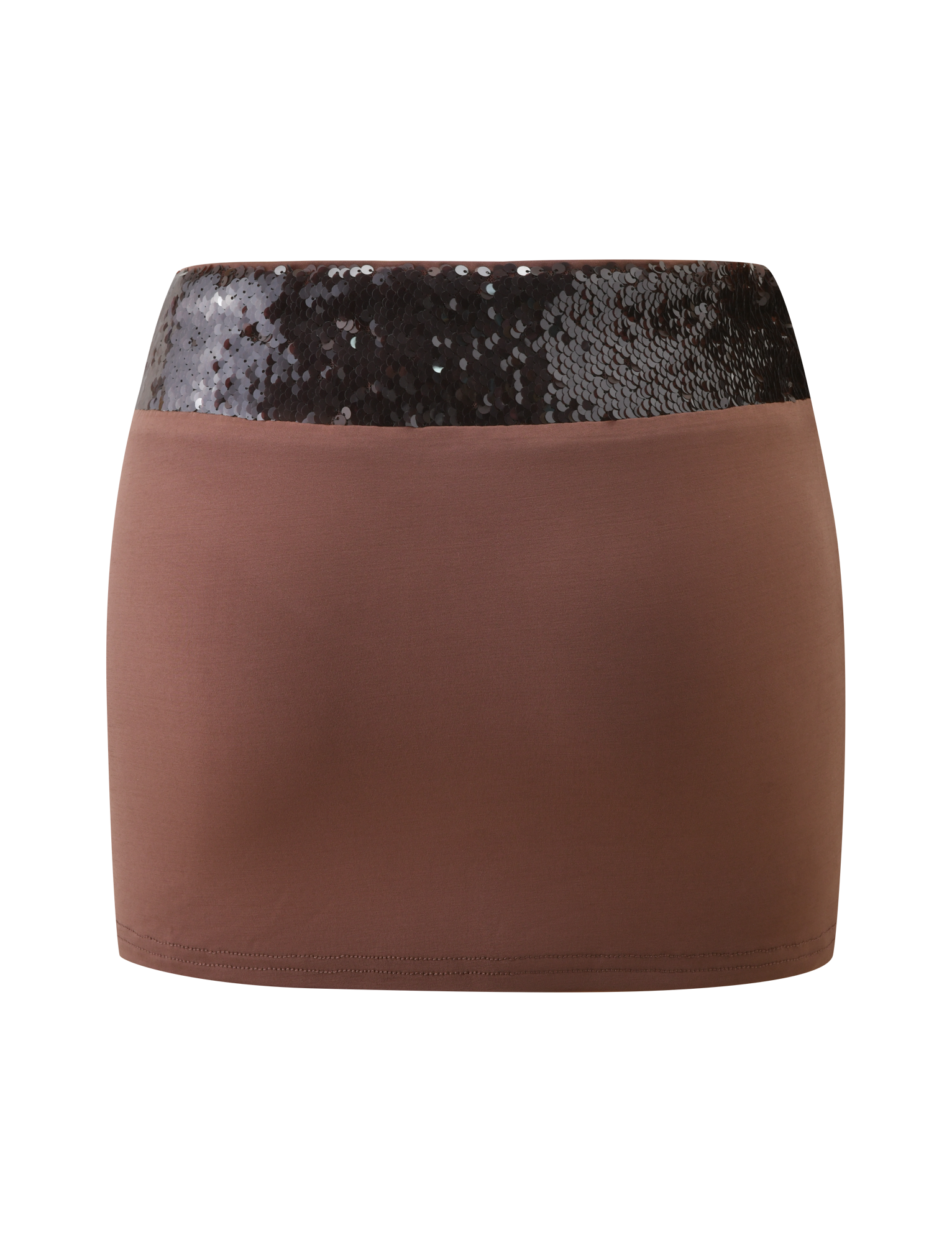The TIGERMIST THARA MINI SKIRT - CHOCOLATE features a mini silhouette with a shiny black sequin waistband, shown against a white background.