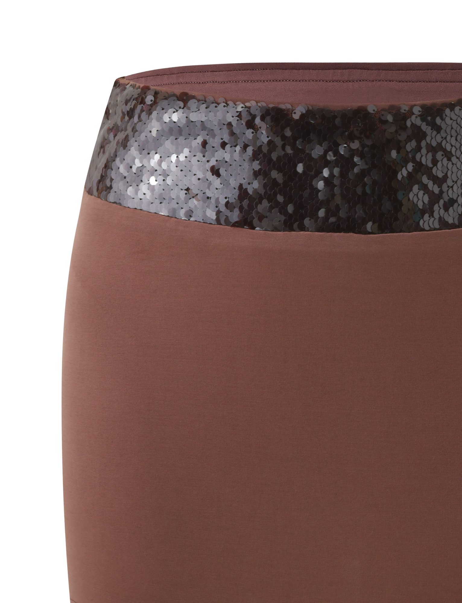 Close-up of the TIGERMIST THARA MINI SKIRT in chocolate, showcasing a wide sequin waistband that adds a textured, contrasting accent for a chic mini silhouette.