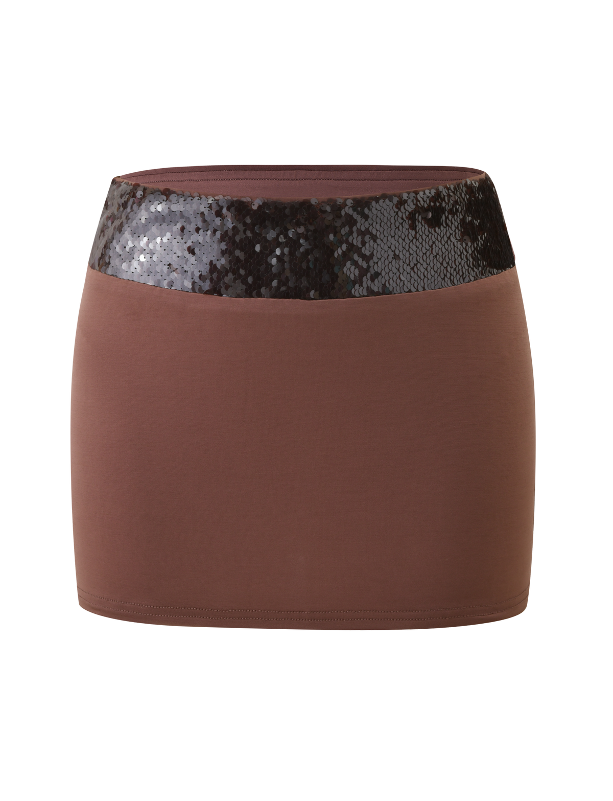 The TIGERMIST THARA MINI SKIRT - CHOCOLATE is a brown mini skirt featuring a mini silhouette and a wide, shiny sequin waistband, shown against a plain white background.
