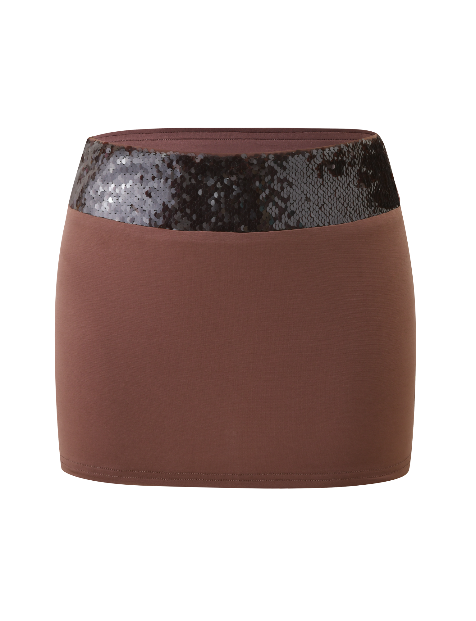 The TIGERMIST THARA MINI SKIRT - CHOCOLATE is a brown mini skirt featuring a mini silhouette and a wide, shiny sequin waistband, shown against a plain white background.