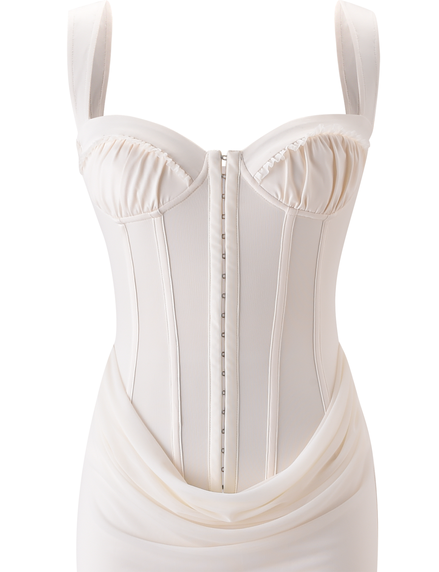 The TIGERMIST GINNY MAXI DRESS in off white features a corseted bodice with visible boning, ruched bust cups, front hook-and-eye closures, and draped mesh at the waist, shown on a plain white background.