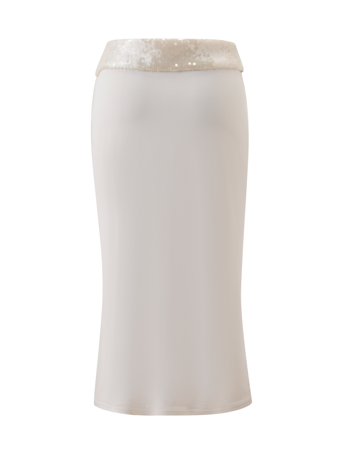 The CHARLYZE MIDI SKIRT - CREAM by TIGERMIST features a body-hugging silhouette and shimmering sequin waistband, shown against a plain white background.