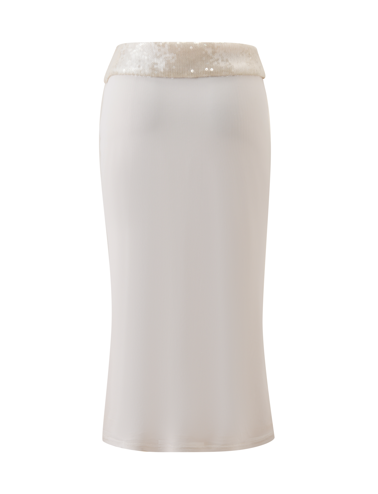 The CHARLYZE MIDI SKIRT - CREAM by TIGERMIST features a body-hugging silhouette and shimmering sequin waistband, shown against a plain white background.