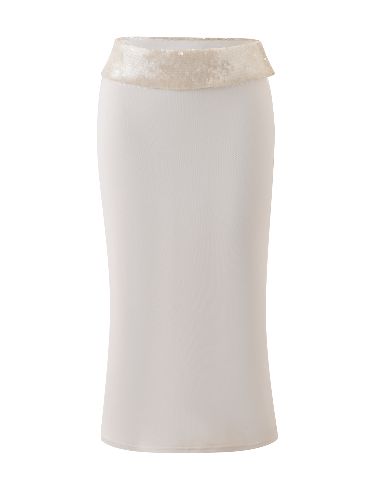 The TIGERMIST CHARLYZE MIDI SKIRT in cream features a body-hugging silhouette and a shiny sequined waistband, shown on a plain white background.