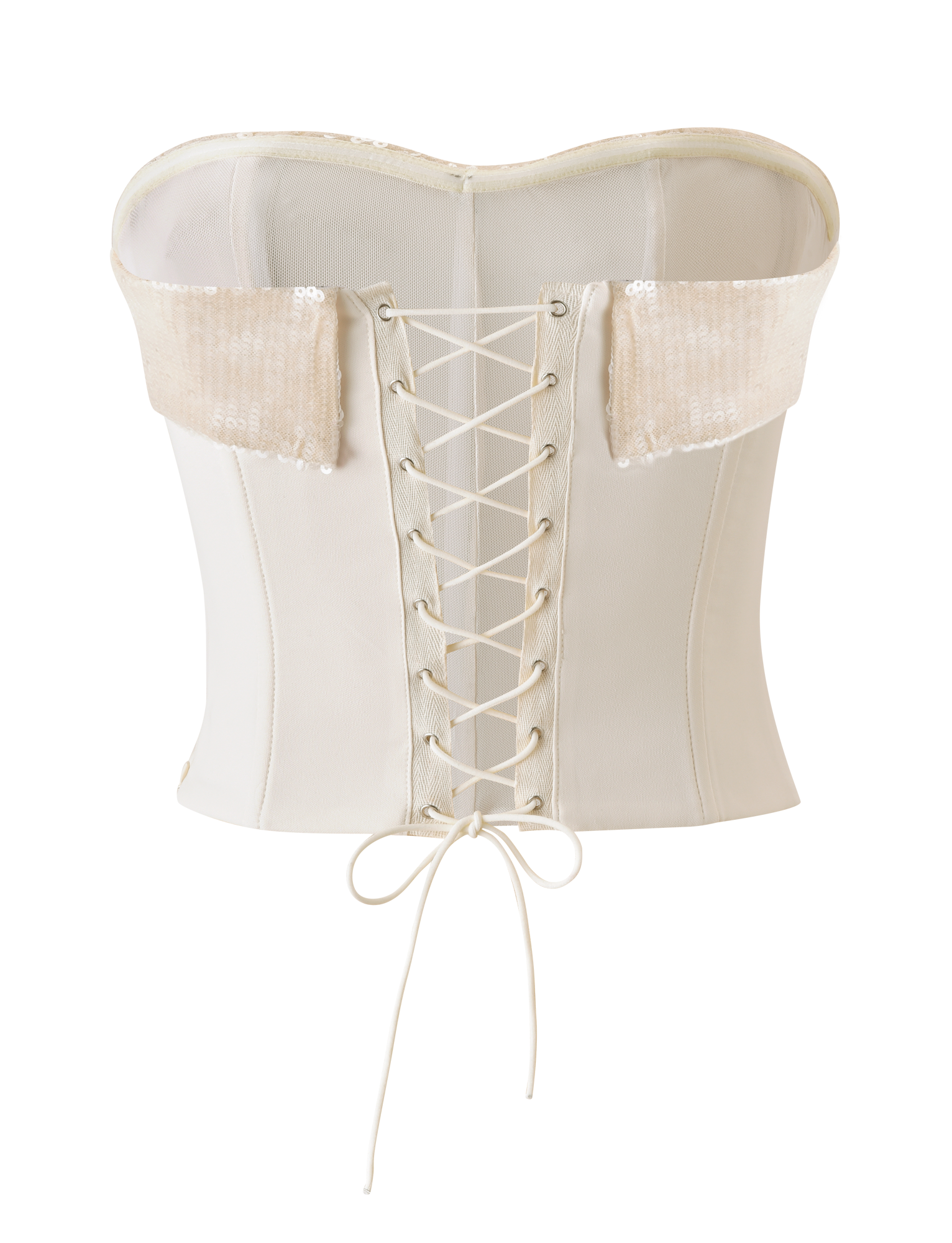 The TIGERMIST CHARLYZE BUSTIER in cream features a sweetheart neckline, sequin-embellished sides, structured boning, and a lace-up back with ribbon ties for added support and style.