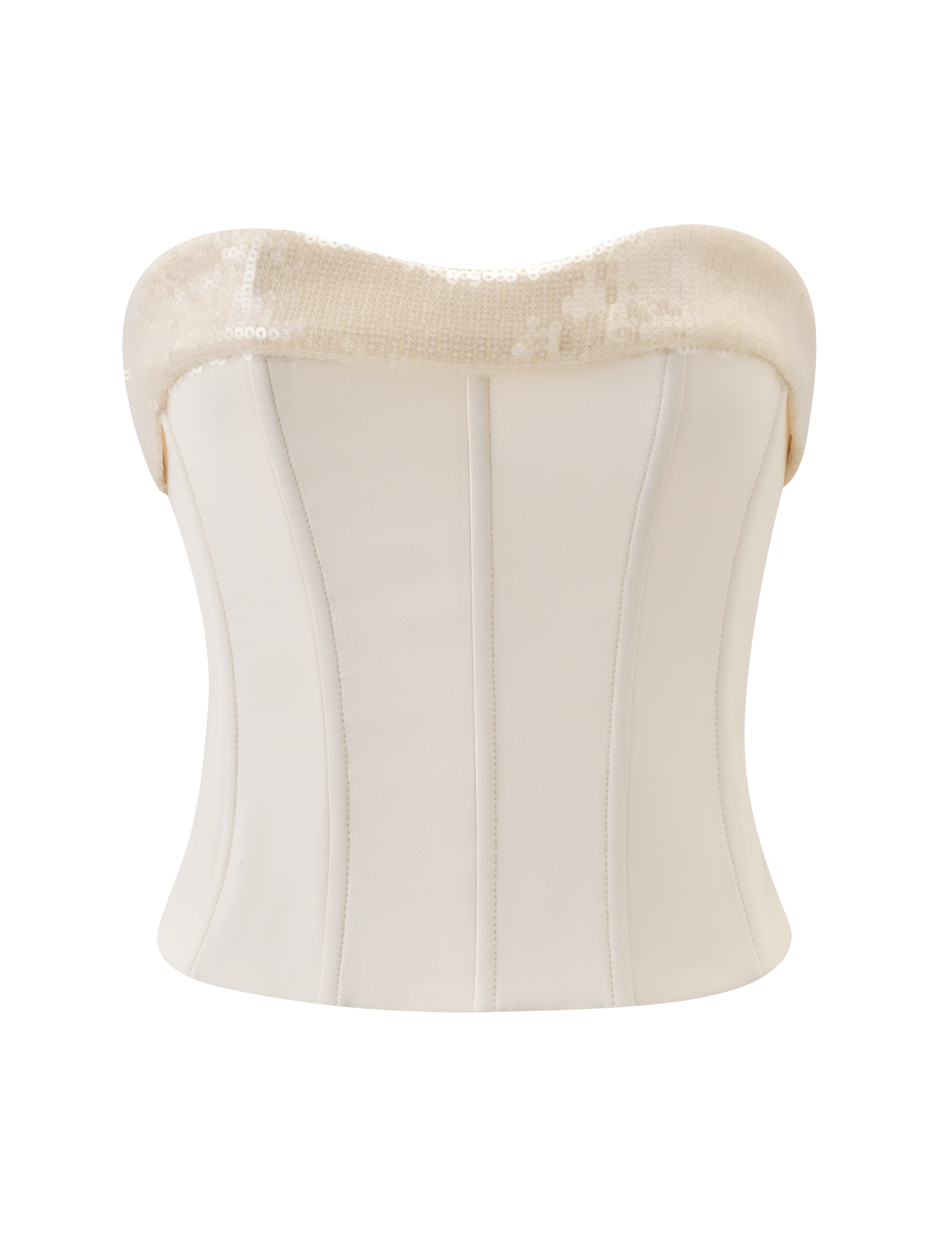 The TIGERMIST CHARLYZE BUSTIER in cream is a strapless corset top featuring vertical seams, a sweetheart neckline, and light sequin embellishments, shown on a plain white background.