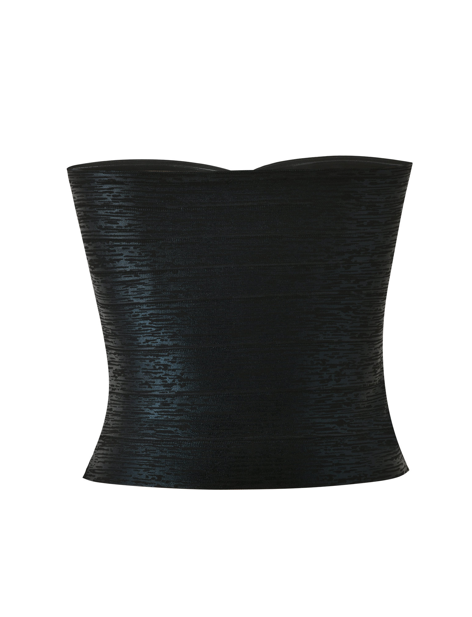 The TIGERMIST NIYA METALLIC BANDAGE TOP in black is a strapless corset-style piece with a slight sheen, textured finish, and subtle sweetheart neckline, shown against a plain white background.