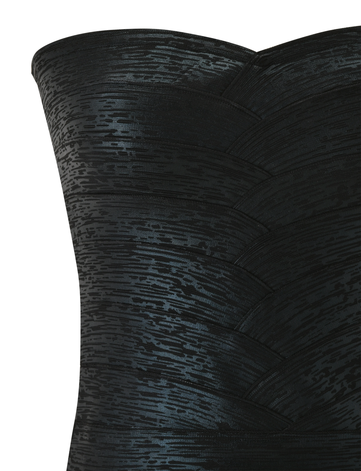 Close-up of the TIGERMIST NIYA METALLIC BANDAGE TOP in black, styled with a textured strapless dress that has a structured, scalloped pattern and subtle sheen for added definition.