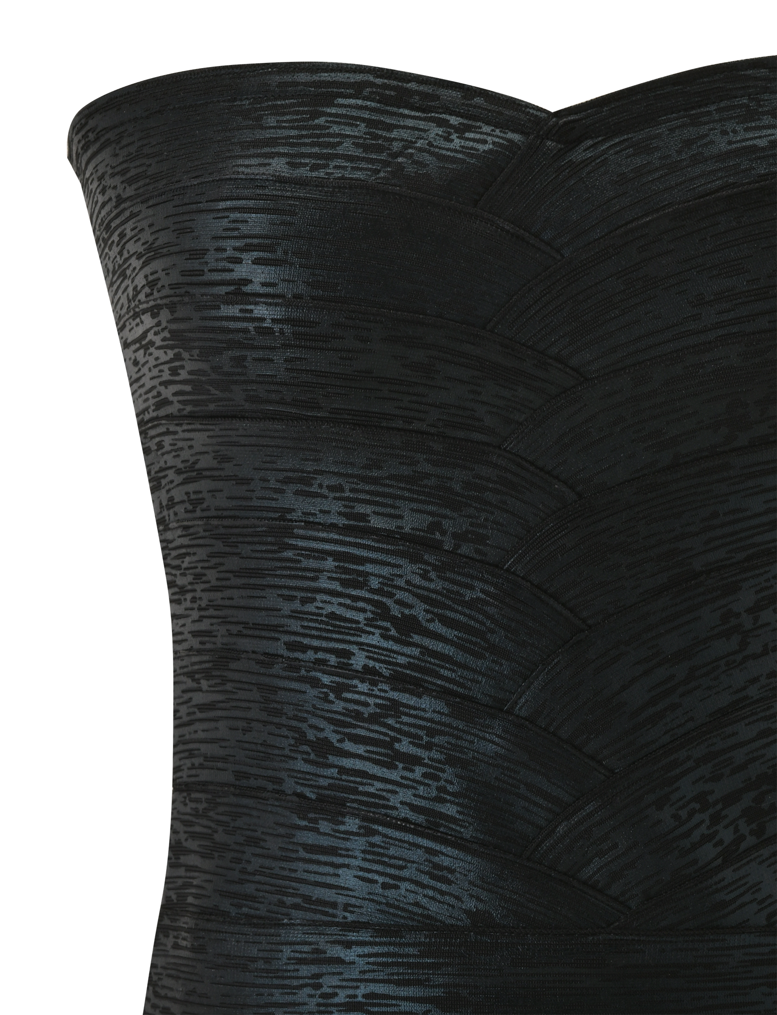 Close-up of the TIGERMIST NIYA METALLIC BANDAGE TOP in black, styled with a textured strapless dress that has a structured, scalloped pattern and subtle sheen for added definition.