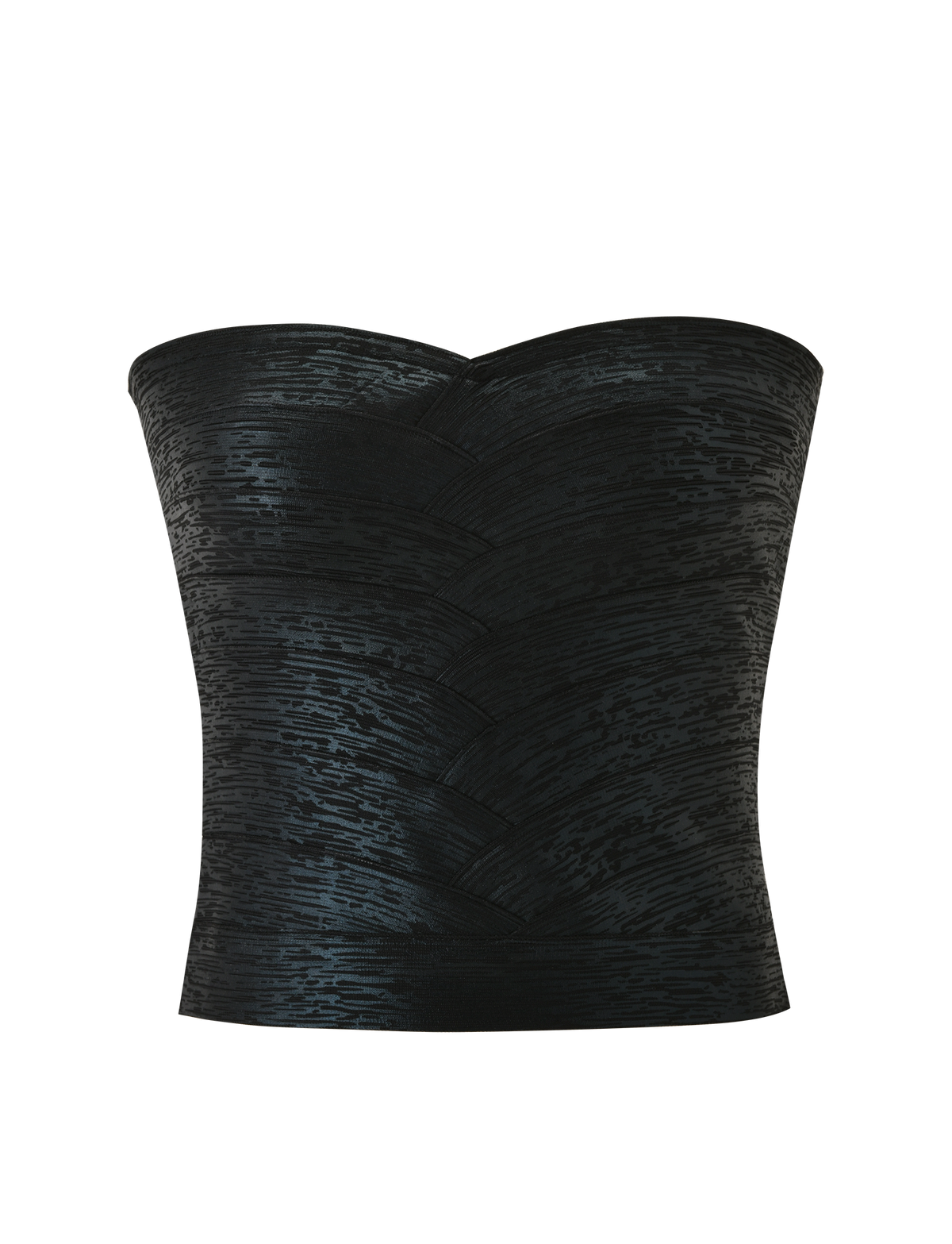 The TIGERMIST NIYA METALLIC BANDAGE TOP in black is a strapless, metallic corset-style top with a subtle textured pattern and sweetheart neckline, shown against a plain white background.