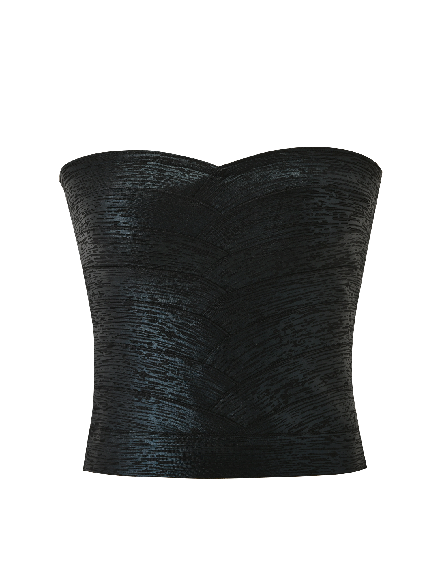 The TIGERMIST NIYA METALLIC BANDAGE TOP in black is a strapless, metallic corset-style top with a subtle textured pattern and sweetheart neckline, shown against a plain white background.