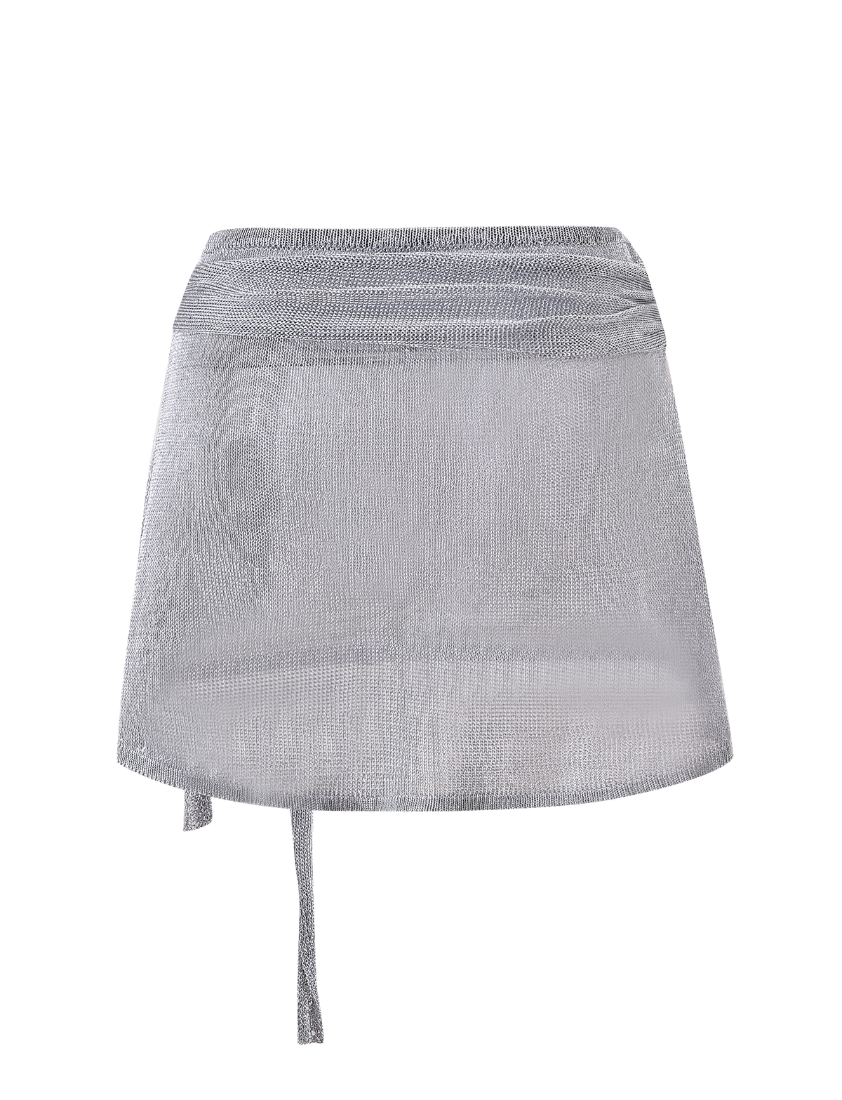 The TIGERMIST ISATANA MINI SKIRT in silver features a sheer metallic knit with mesh texture and an asymmetrical tie detail on the left, shown against a plain white background.