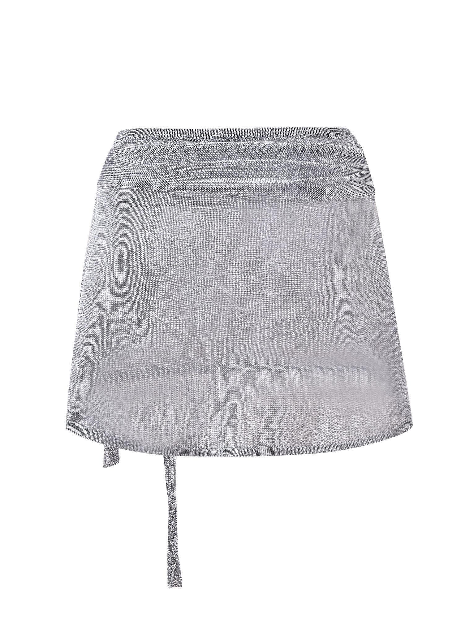 The TIGERMIST ISATANA MINI SKIRT in silver features a sheer metallic knit with mesh texture and an asymmetrical tie detail on the left, shown against a plain white background.