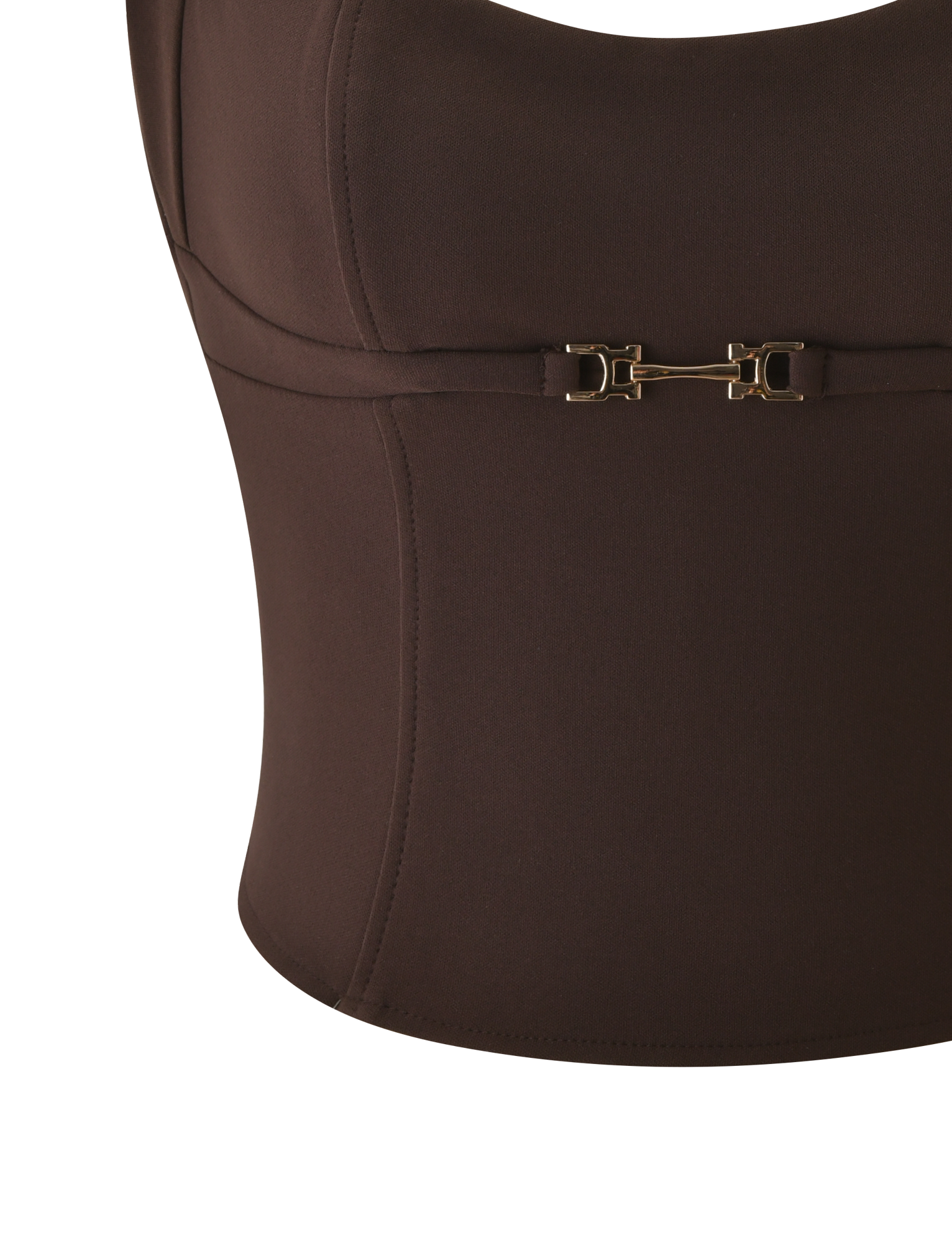 Close-up of the TIGERMIST KITTIE BUCKLE TOP in chocolate, a form-fitting halter neck with structured vertical seams, push up effect, and a gold buckle detail at the front center.