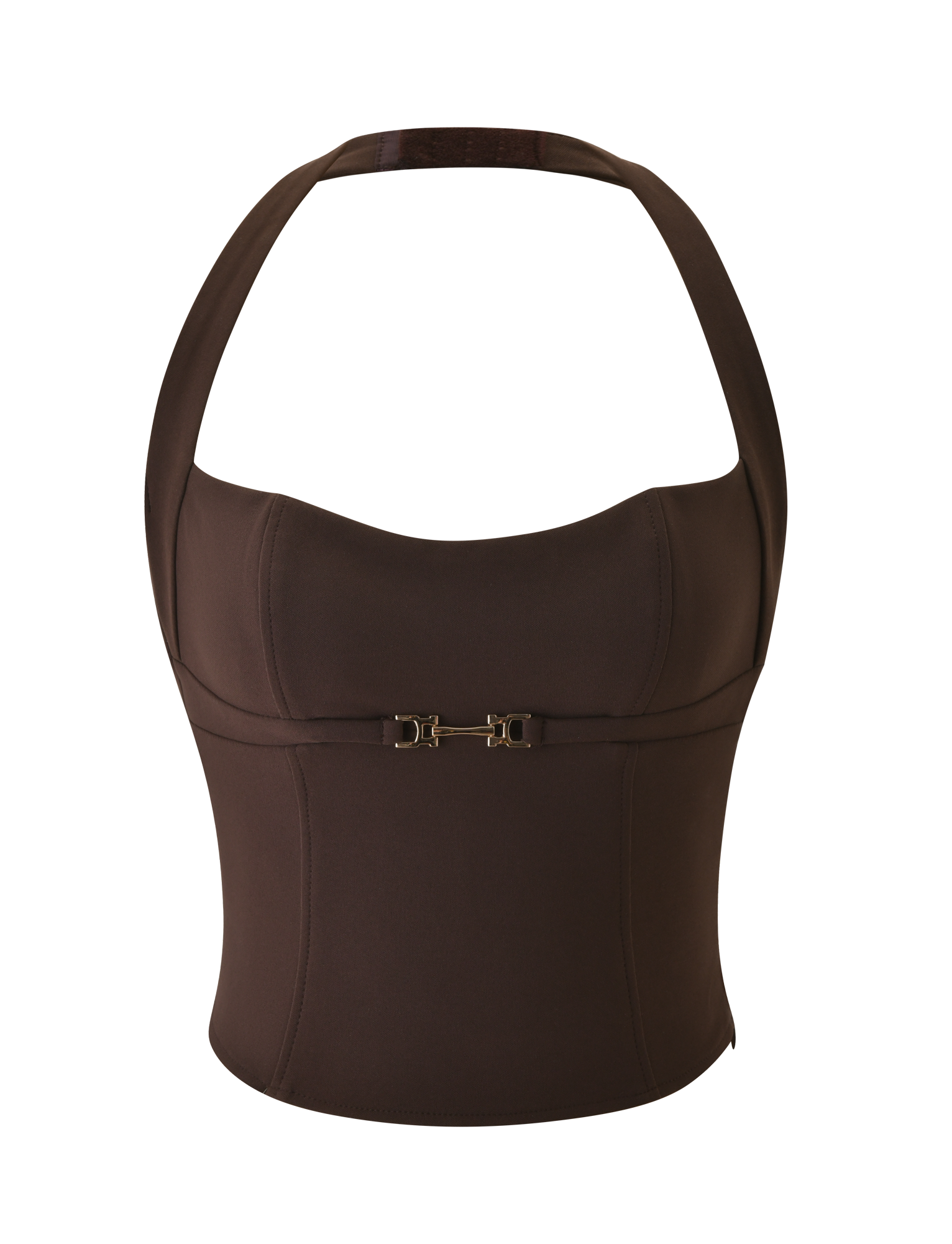 The KITTIE BUCKLE TOP - CHOCOLATE by TIGERMIST is a sleeveless halter corset with a structured fit and small gold front buckle, offering a subtle push-up effect.
