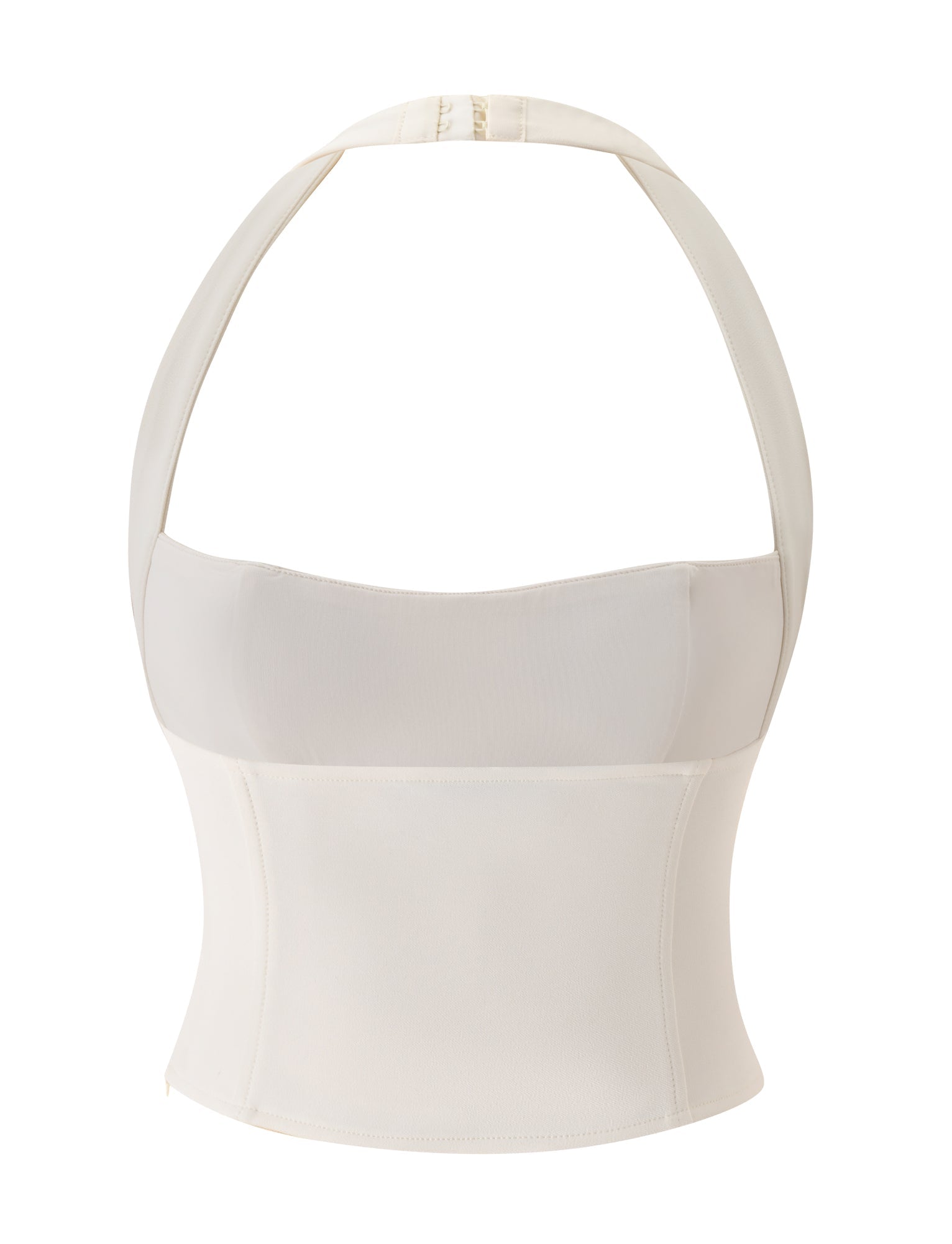 The KITTIE BUCKLE TOP - CREAM by TIGERMIST features a white halter neck design with a structured bodice and wide neck strap, shown against a plain white background. Offering a modern twist on classic elegance, this chic cream corset top is perfect for a bridal shower.