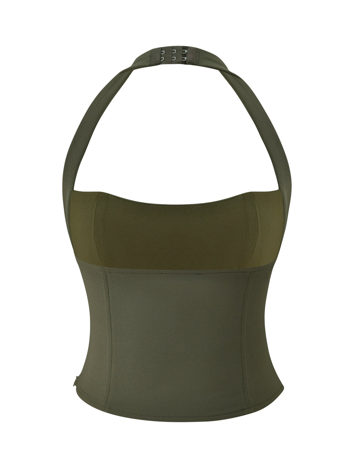 Olive green KITTIE BUCKLE TOP - OLIVE in a bodycon, halter-neck corset style with a hook-and-eye closure at the neck.