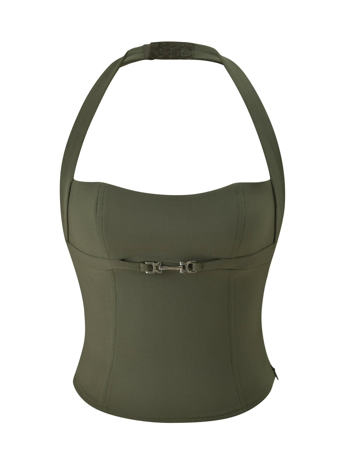 Olive green KITTIE BUCKLE TOP - OLIVE featuring a halter neckline and a decorative silver horsebit buckle at the center of the chest.