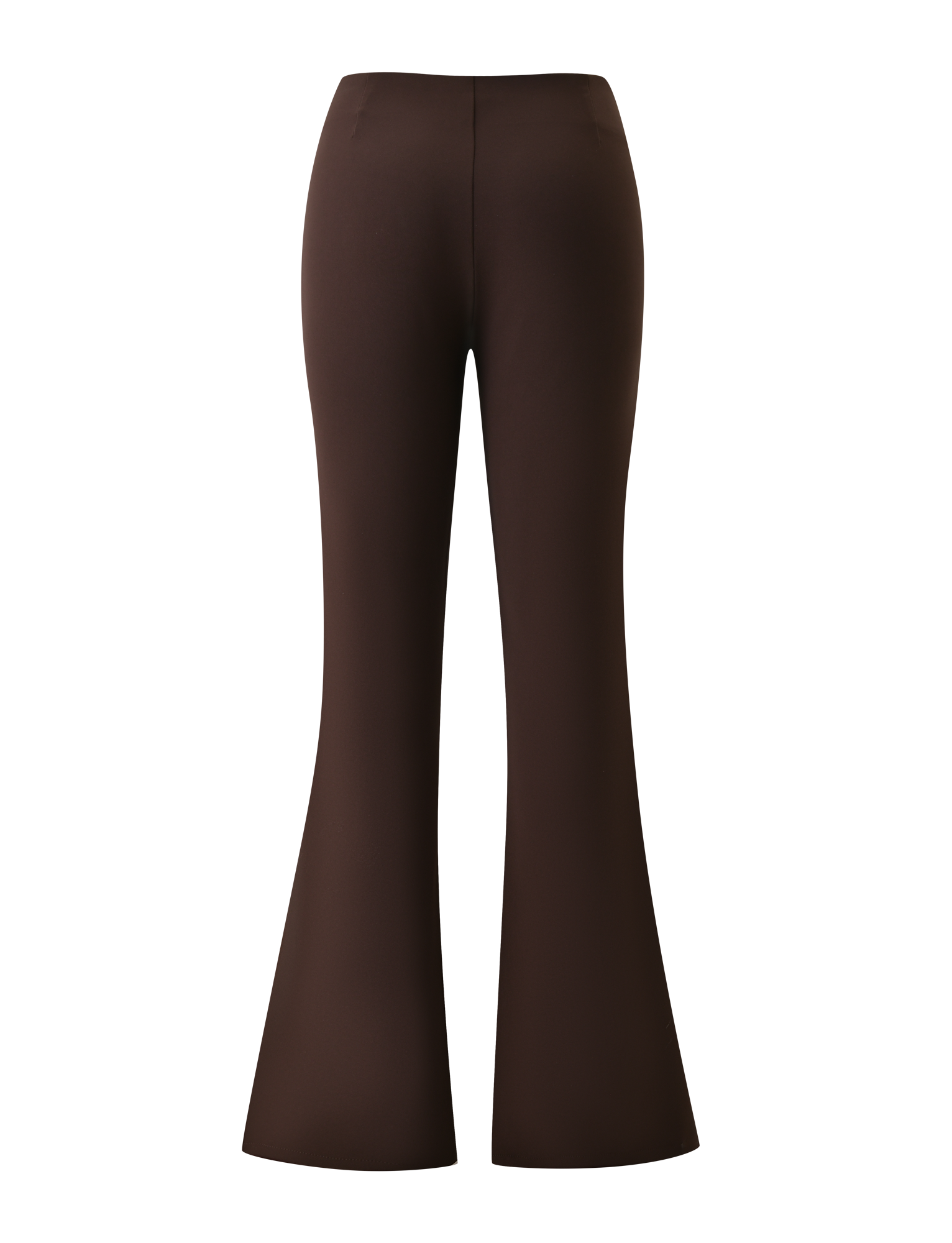 The TIGERMIST KITTIE BUCKLE PANT in chocolate features a high-waisted fit, flared bell-bottom legs, and stretch suiting fabric, shown from the back with a fitted waist and hips against a white background.