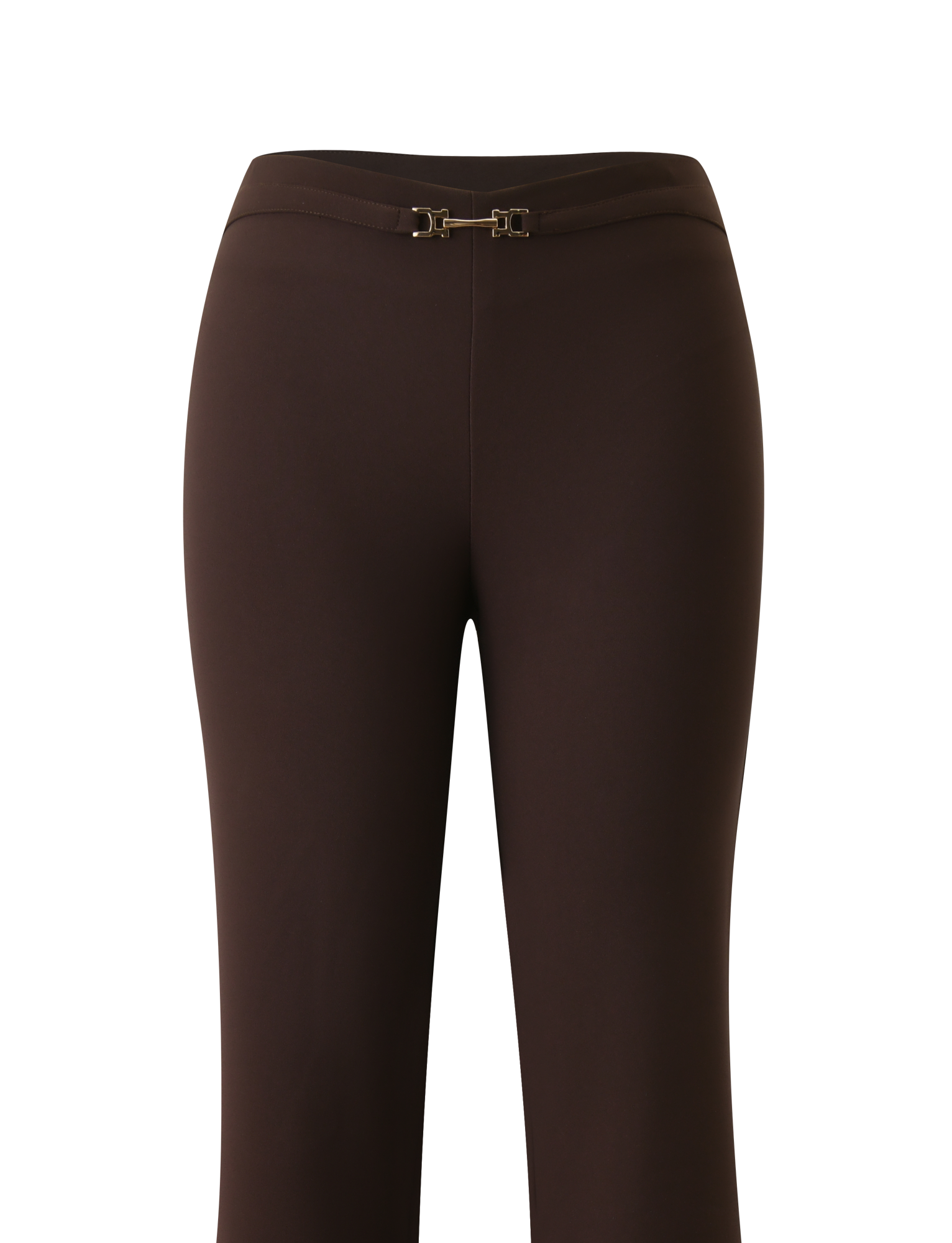 Front view of TIGERMIST's KITTIE BUCKLE PANT - CHOCOLATE, high-waisted stretch suiting pants with a slim fit and gold buckle detail at the waistband, shown against a white background.