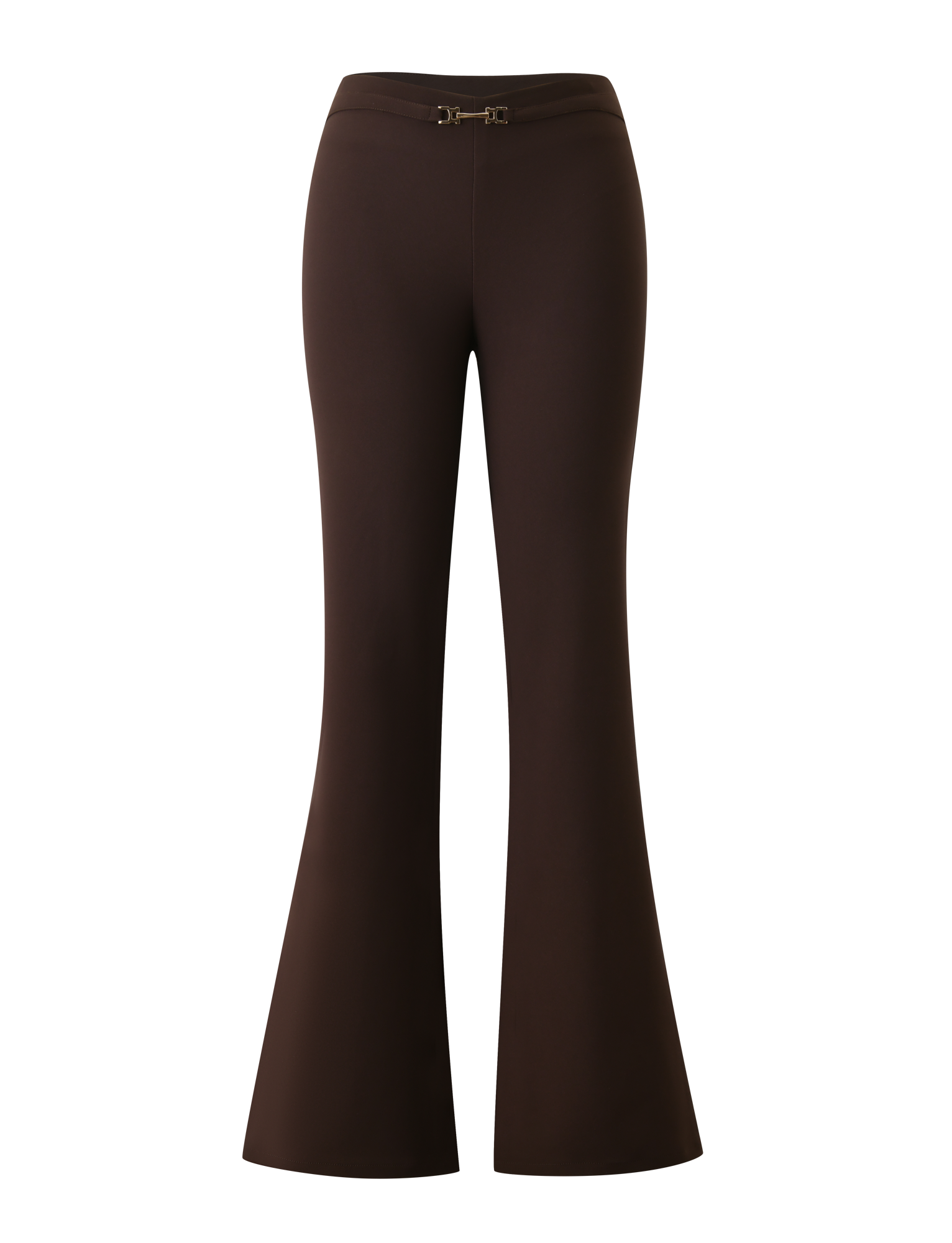 The TIGERMIST KITTIE BUCKLE PANT - CHOCOLATE features high-waisted, flared legs in stretch suiting fabric, a fitted waist, slight hem flare, and a small gold front buckle, shown against a plain white background.