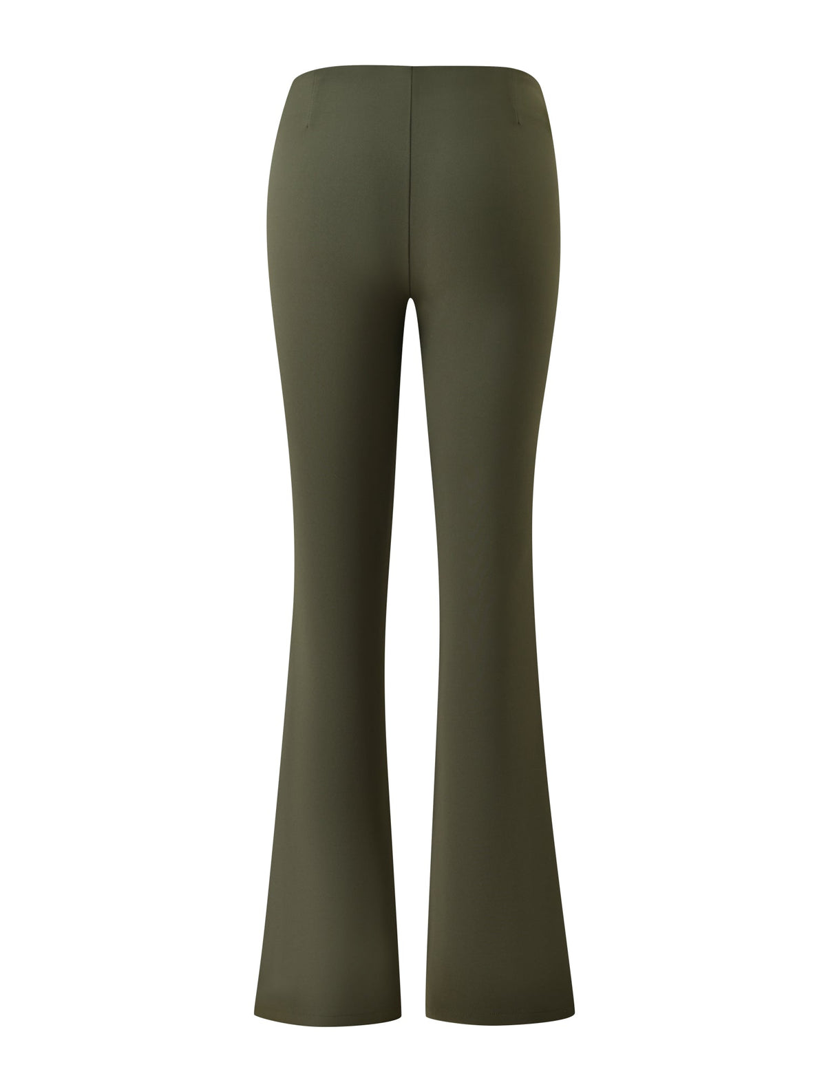 Back view of olive KITTIE BUCKLE PANT with flared legs and buckle detail.