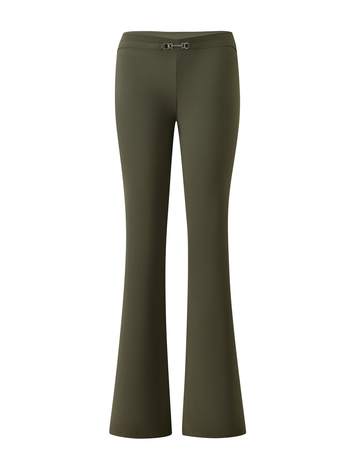 KITTIE BUCKLE PANT - OLIVE flared trousers with a buckle detail at the center waistband.