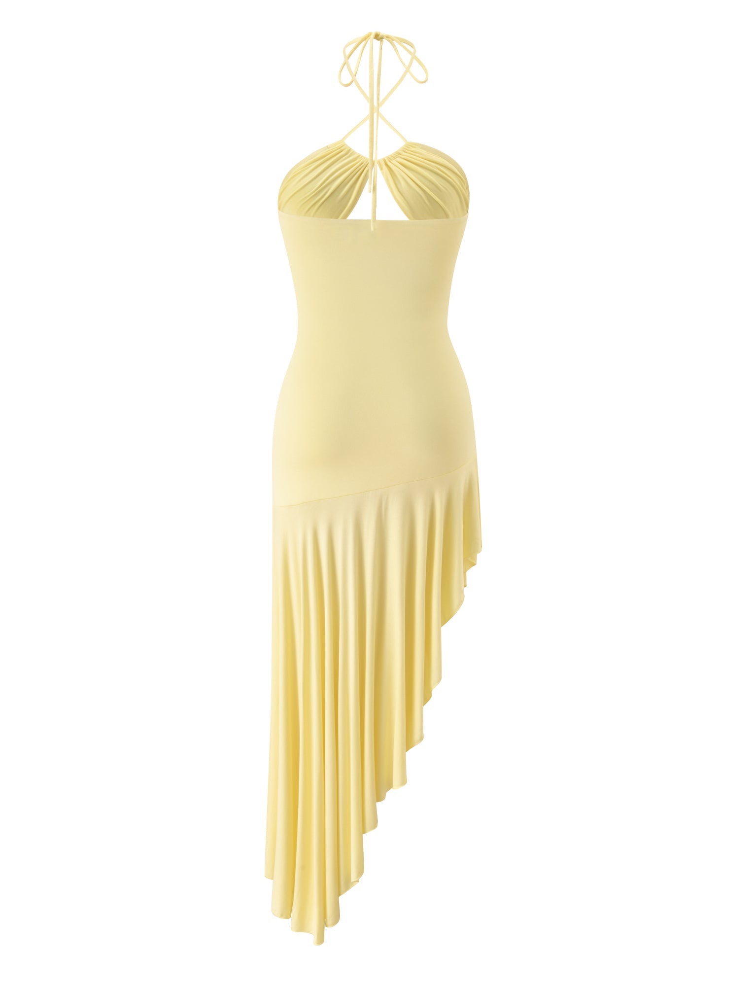 The LILIE MIDI DRESS - BUTTER YELLOW by TIGERMIST features a halter-neck design with a ruched bodice and an asymmetrical, flowing skirt. The back of this butter yellow dress displays crisscrossed straps elegantly tied at the neck.