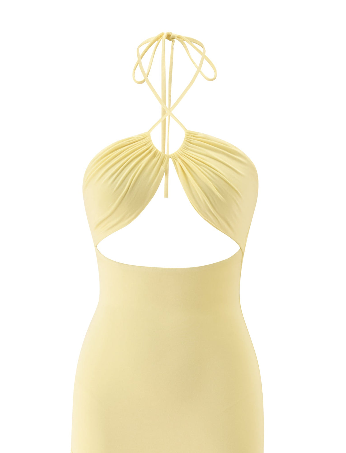 The LILIE MIDI DRESS by TIGERMIST in butter yellow showcases a halter neckline, ruched bust detailing, a keyhole front cutout, and open sides, displayed against a plain white background.