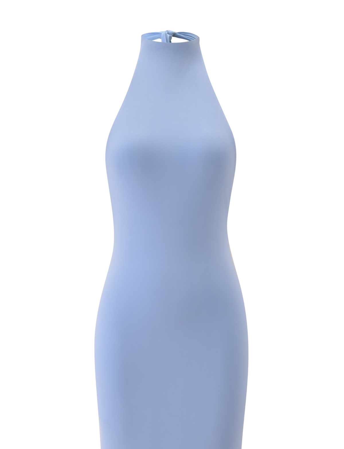 The TIGERMIST MADDY MAXI DRESS in baby blue is a sleeveless, form-fitting maxi dress with a halter neck and high neckline, featuring a smooth, simple design, shown against a plain white background.