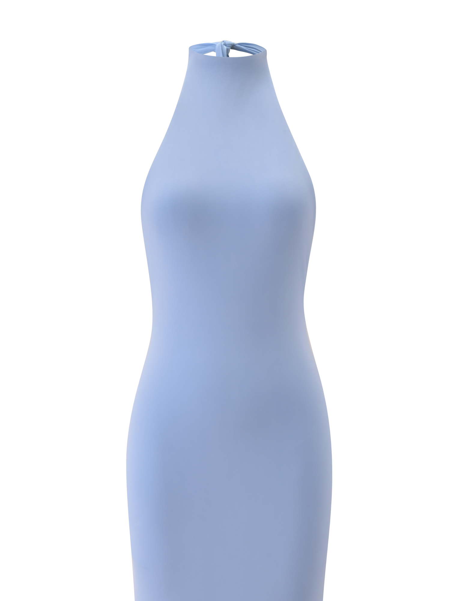 The TIGERMIST MADDY MAXI DRESS in baby blue is a sleeveless, form-fitting maxi dress with a halter neck and high neckline, featuring a smooth, simple design, shown against a plain white background.